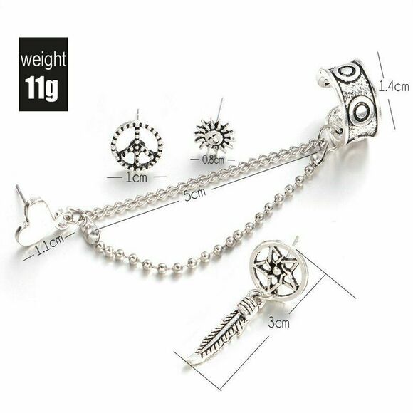 NEW Silver Earrings SET Crawler Chain Dream Catcher Peace Sign Hippie Gypsy Boho - Picture 3 of 4